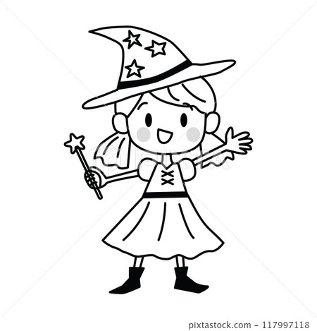 Line drawing illustration of a cute witch girl 117997118