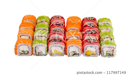 Sushi set with salmon, tuna and green tobiko caviar is lying on white background Sushi set with salmon, tuna and green tobiko caviar is lying on white background 117997149