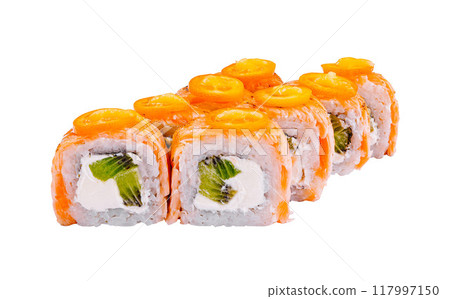 Sushi rolls with salmon, cream cheese, kiwi and kumquat showing filling on white background 117997150