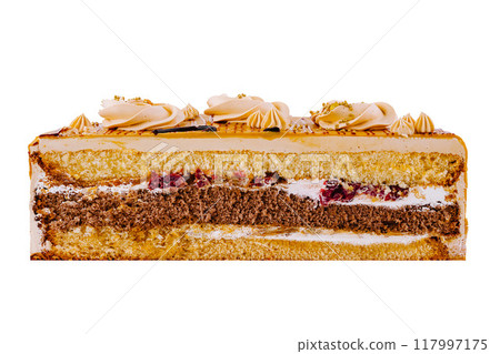 Delicious cake is showing its layers of biscuit and cream on a white background Delicious cake is showing its layers of biscuit and cream on a white background 117997175