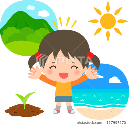 Smiling girl with images of mountains, ocean and nature 117997270