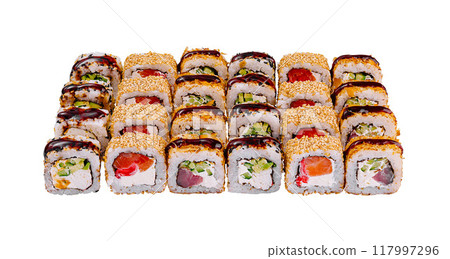 Sushi set with different types of rolls is lying on white background 117997296