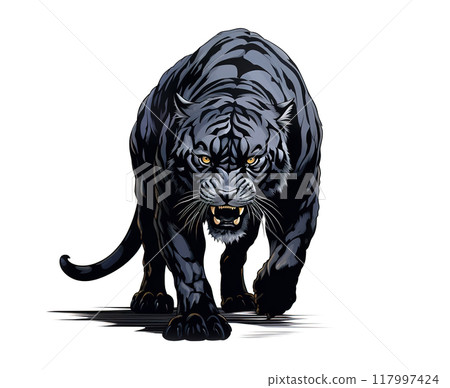 Black tiger hand drawing on white background. Wild Animals, Illustration, Generative AI. 117997424