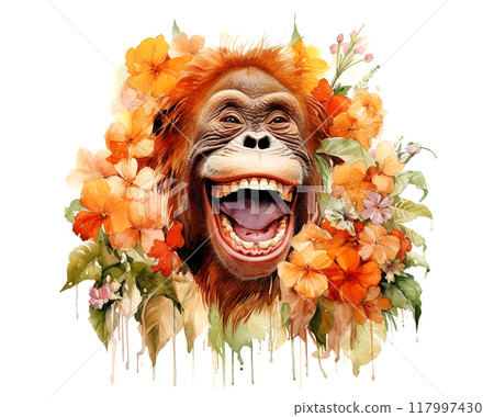 Image of an orangutan head with colorful tropical flowers on white background. Mammals. Wildlife Animals. 117997430
