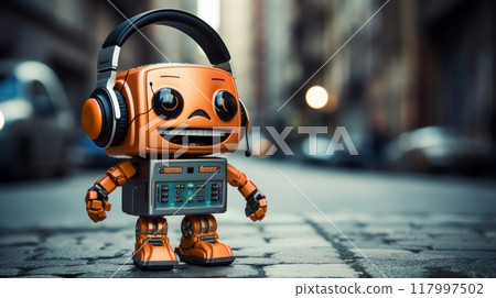 Joyful robot on urban sidewalk happily listening to music with ample space for text and keywords 117997502