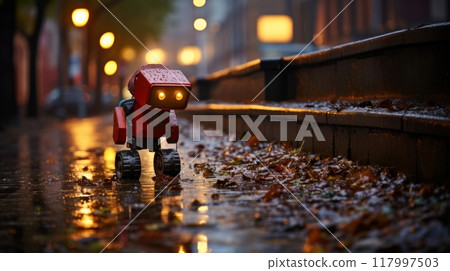 Futuristic robot moving along lively city street with skyscrapers and urban landscape 117997503