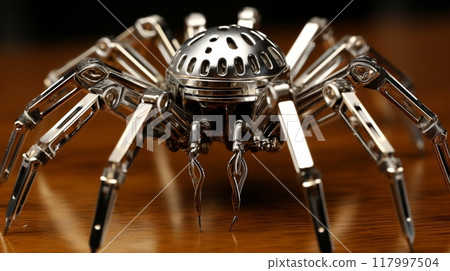 Close-up. detailed spider robots metallic claws for stability on blurred background 117997504