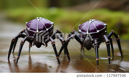 Close up. Detailed robot spiders metallic claws for stability on blurred background 117997506
