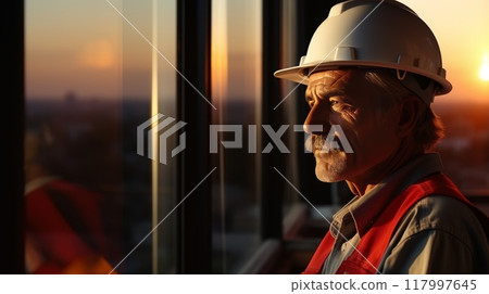 Pensive mature architect in hardhat carefully inspects new modern building in casual attire 117997645