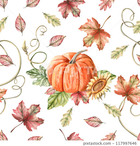 Seamless pattern with pumpkin and leaves on white background. Watercolor illustration of autumn harvest for farm organic products design, agricultural exhibitions decoration and product packaging 117997646