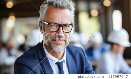 Business professional in glasses and suit posing with construction workers in the background 117997647