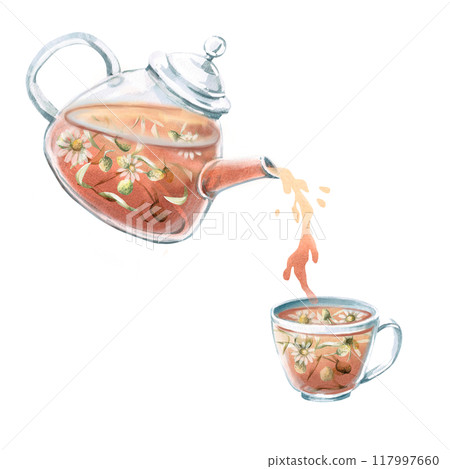 Tilted teapot with chamomile tea pouring into mug. Isolated watercolor illustration for tea ceremony design, cafe, tea shop, poster, tonic tea collections 117997660