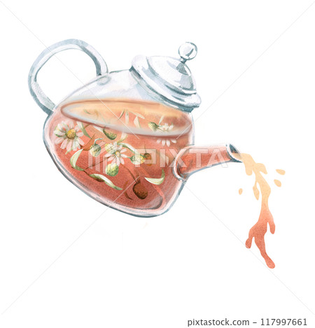 Transparent tea set: teapot and cup with chamomile tea in watercolor. Isolated illustration for design of tea ceremonies, cafes, tea shops, posters, tonic tea collections 117997661