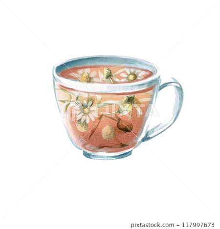Transparent glass mug with chamomile tea inside in watercolor. Isolated illustration in realistic style for design of restaurant menus, cafes, tea shops, cookbooks. Tea ceremony Transparent glass mug with chamomile tea inside in watercolor. Isolated illustration in realistic style for design of restaurant menus, cafes, tea shops, cookbooks. Tea ceremony 117997673