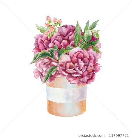 Peonies bouquet watercolor. Beautiful burgundy flowers in a cardboard box. Hand drawn illustration isolated on white. For birthday greeting cards, wedding invitations, labels, banners, posters. 117997731