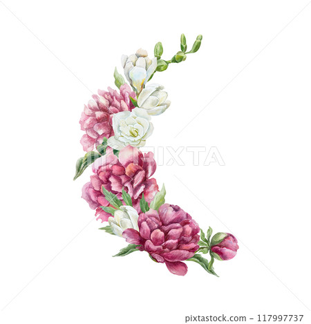 Peonies watercolor. Beautiful bouquet with a branch of white freesia, semicircle. Hand drawn illustration isolated on white. For birthday greeting cards, wedding invitations, labels, banners, posters. Peonies watercolor. Beautiful bouquet with a branch of white freesia, semicircle. Hand drawn illustration isolated on white. For birthday greeting cards, wedding invitations, labels, banners, posters. 117997737