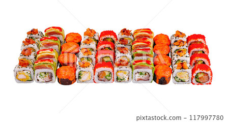 Sushi set combining various kinds of rolls with seafood and vegetables Sushi set combining various kinds of rolls with seafood and vegetables 117997780