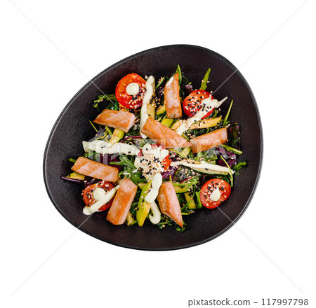 Fresh salmon salad with avocado tomatoes and sesame seeds in black bowl Fresh salmon salad with avocado tomatoes and sesame seeds in black bowl 117997798