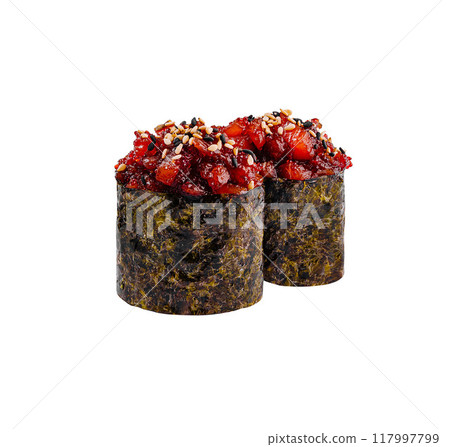 Two gunkan sushi pieces with spicy tuna tartare, sesame and nori seaweed Two gunkan sushi pieces with spicy tuna tartare, sesame and nori seaweed 117997799