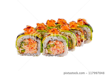 Delicious sushi rolls with salmon and avocado lying on white background Delicious sushi rolls with salmon and avocado lying on white background 117997848