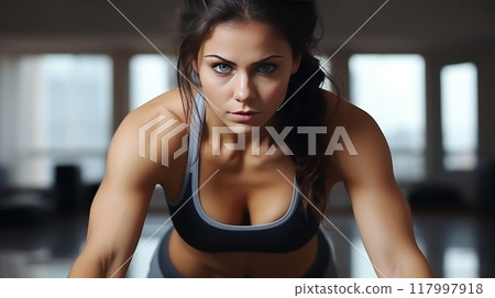 Fit woman in sportswear doing abs exercise in white living room. Healthy lifestyle 117997918