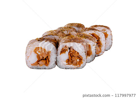 Sushi rolls with smoked eel and cream cheese on white background 117997977