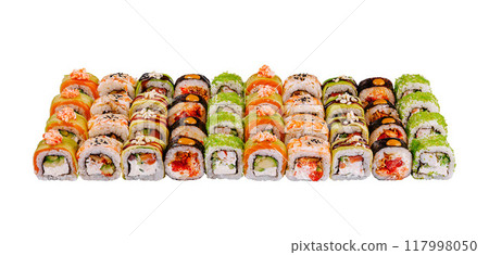 Big sushi set with various kinds of maki rolls isolated on white background Big sushi set with various kinds of maki rolls isolated on white background 117998050