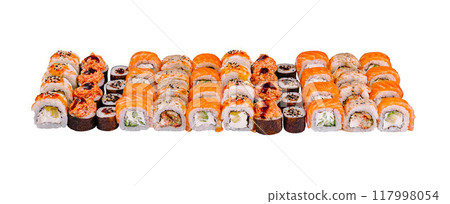 Sushi set presenting variety of japanese dishes with rice and seafood 117998054