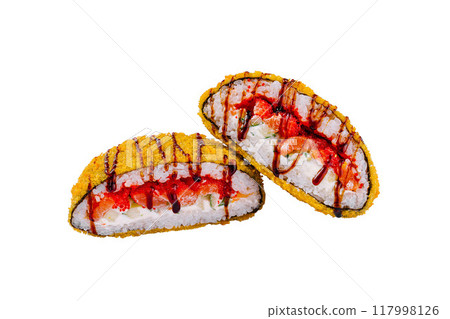 Two sushi rolls covered with panko breadcrumbs lying on white background Two sushi rolls covered with panko breadcrumbs lying on white background 117998126