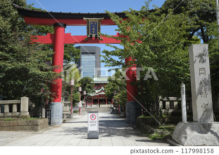 Torii and worship hall at Tomioka Hachimangu Shrine in Koto Ward, Tokyo 117998158