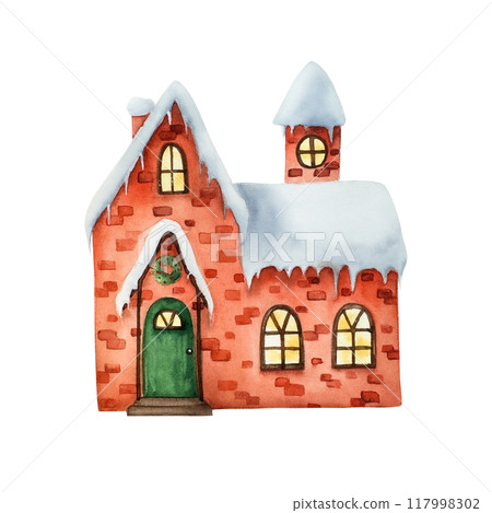 Winter snow-covered house. Christmas watercolor hand painted illustration isolated on background. For designers, decoration, shop, for postcards, wrapping paper, covers. For posters and textile. 117998302