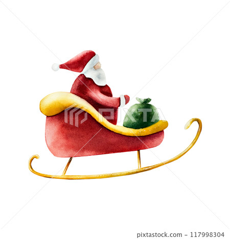 Santa Claus riding in red sleigh with bag of gifts. Christmas watercolor hand painted illustration isolated on background. For designers, decoration, shop, for postcards, wrapping paper, covers. For p 117998304