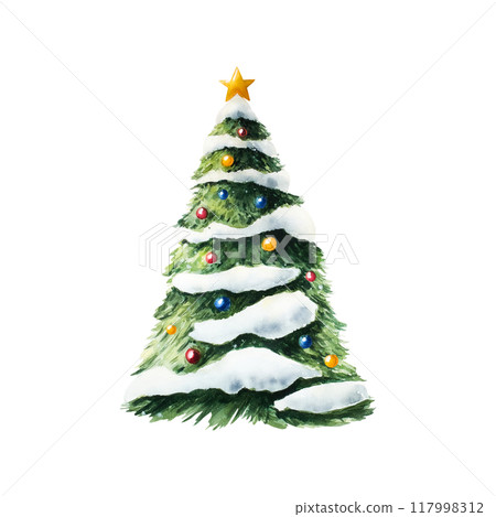 Christmas tree in the snow with toys, balls. Christmas watercolor plant with gold star, hand painted illustration isolated on background. For designers, decoration, shop, for postcards, wrapping paper Christmas tree in the snow with toys, balls. Christmas watercolor plant with gold star, hand painted illustration isolated on background. For designers, decoration, shop, for postcards, wrapping paper 117998312