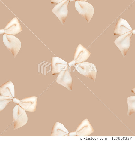 Seamless pattern with birthday and holiday pastel ribbon bow. Hand drawn watercolor children and girls illustration isolated on white background. Shiny element for designers, prints, baby shower, 117998357