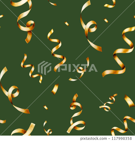 Seamless pattern with golden ribbon and streamer for birthday gifts. Hand drawn watercolor confetti for party decoration isolated on background. Shiny template, banner for designers, prints, baby 117998358