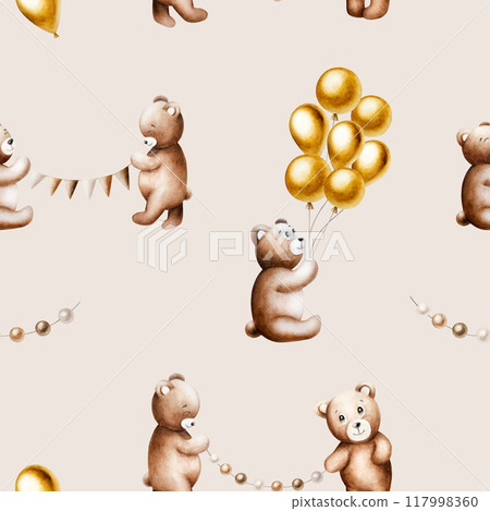 Seamless pattern with cute cartoon teddy bears with golden foil balloons on a strings, birthday garland of brown and beige flags. Hand drawn watercolor baby illustration isolated on background. Lovely Seamless pattern with cute cartoon teddy bears with golden foil balloons on a strings, birthday garland of brown and beige flags. Hand drawn watercolor baby illustration isolated on background. Lovely 117998360