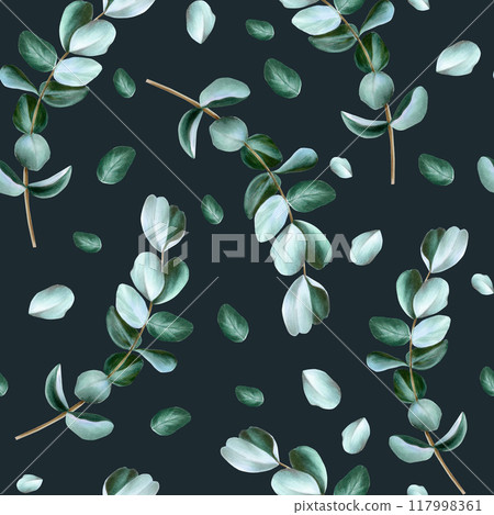 Realistic eucalyptus branch seamless pattern. Watercolor hand drawn green plant isolated on transparent background. Christmas, winter, and wedding illustration. For designers, invitations, decoration, Realistic eucalyptus branch seamless pattern. Watercolor hand drawn green plant isolated on transparent background. Christmas, winter, and wedding illustration. For designers, invitations, decoration, 117998361