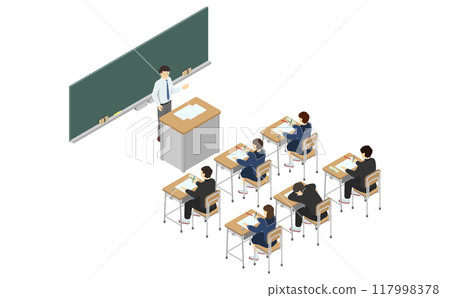 Isometric illustration: Classroom (junior high school students in winter clothes) 117998378