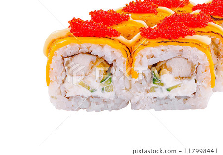 California roll topped with masago and cheese 117998441