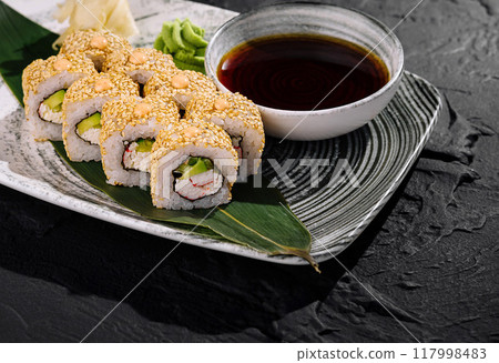 California roll sushi platter with soy sauce 117998483