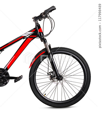 Modern black and red mountain bike isolated on white Modern black and red mountain bike isolated on white 117998489