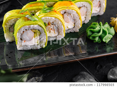 Exotic sushi platter with avocado & mango 117998503