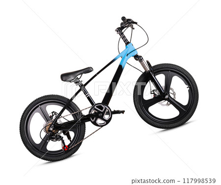 Modern black and blue fat tire bicycle isolated on white Modern black and blue fat tire bicycle isolated on white 117998539