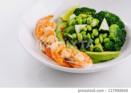 Healthy shrimp and vegetables plate on white background 117998608