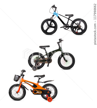 Modern electric fat tire bikes isolated on white Modern electric fat tire bikes isolated on white 117998662
