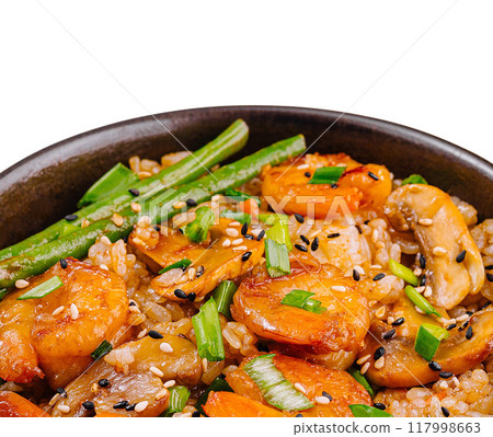 Shrimp fried rice in black bowl Shrimp fried rice in black bowl 117998663