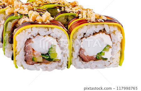 Delicious spicy tuna sushi roll isolated on white Delicious spicy tuna sushi roll isolated on white 117998765