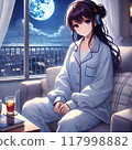一個穿白大褂的女人坐在沙發上喝咖啡 117998882