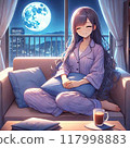 一個女人坐在沙發上 117998883