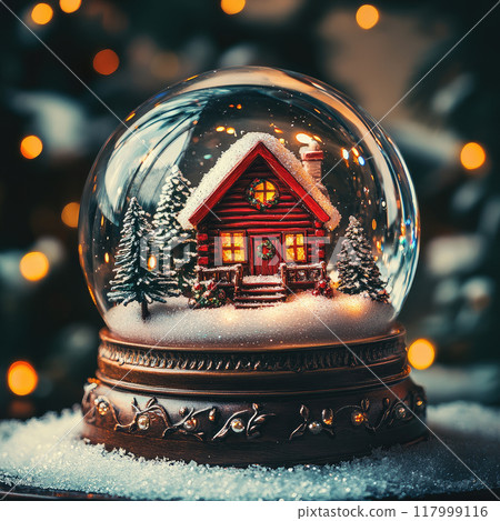 A festive snow globe featuring a cozy log cabin surrounded by snow-covered trees, illuminated with warm lights 117999116